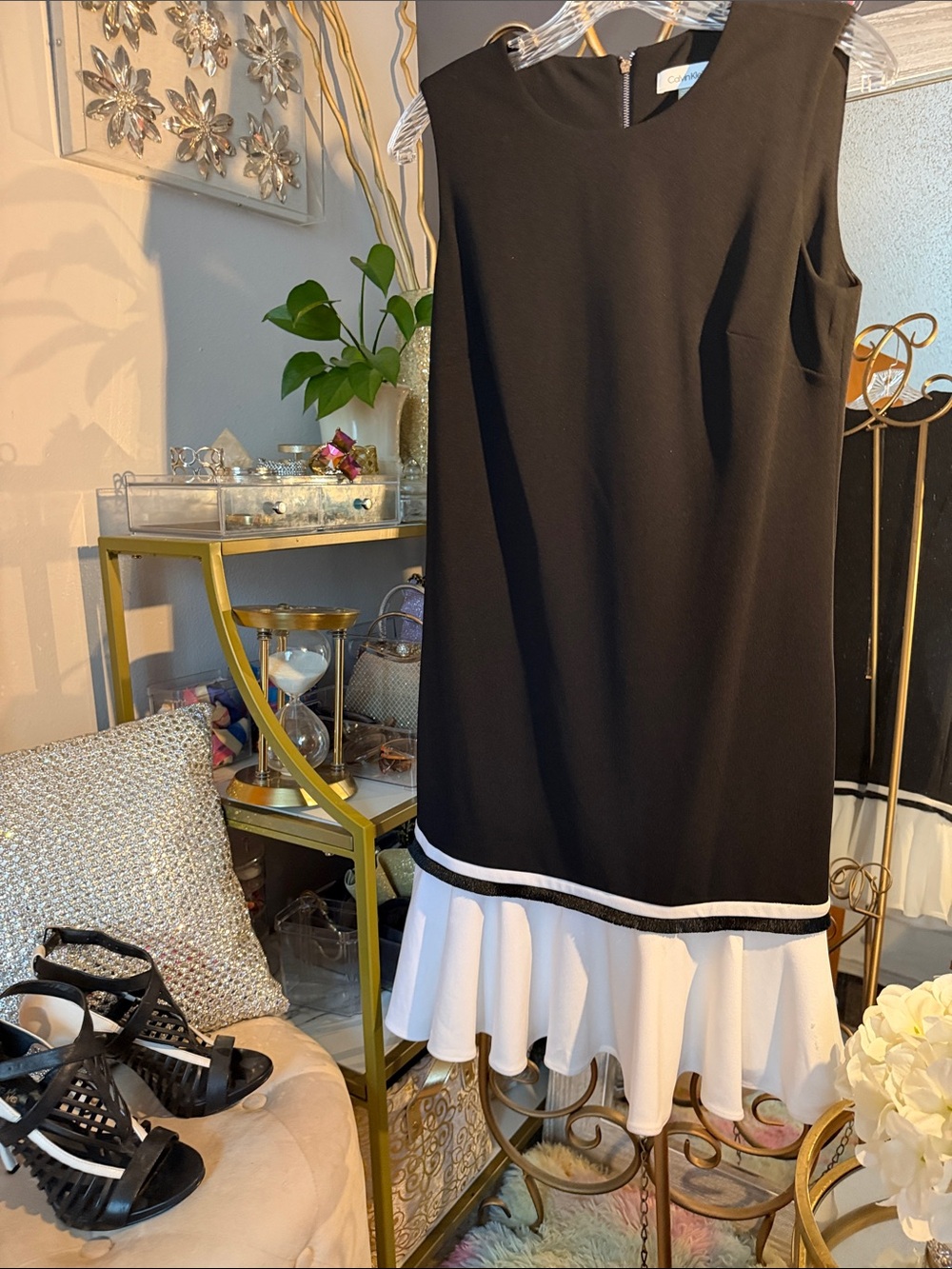 Calvin Klein Black Midi Dress with White Flounced Hem